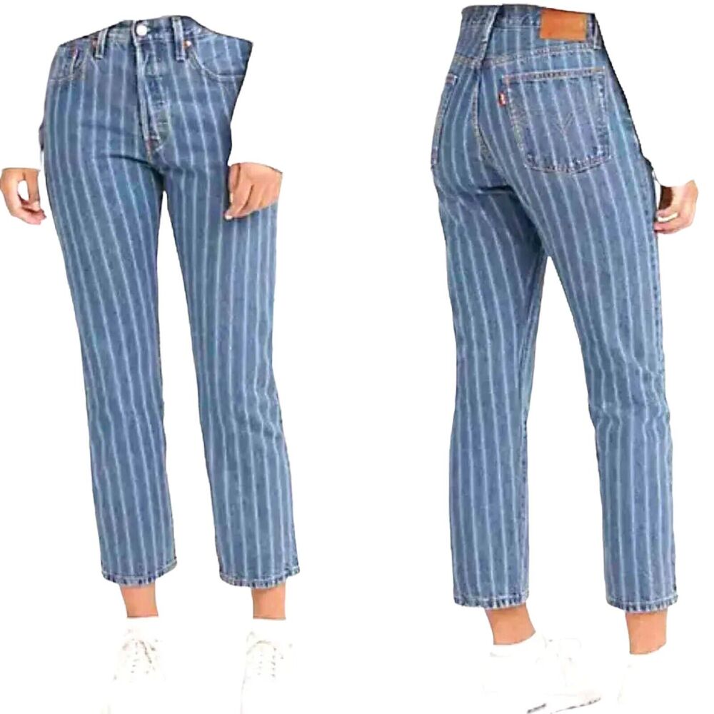 Levi's Jeans 501 Womens 24 Cropped Straight Leg Blue Striped Button Fly NWT - Picture 2 of 9